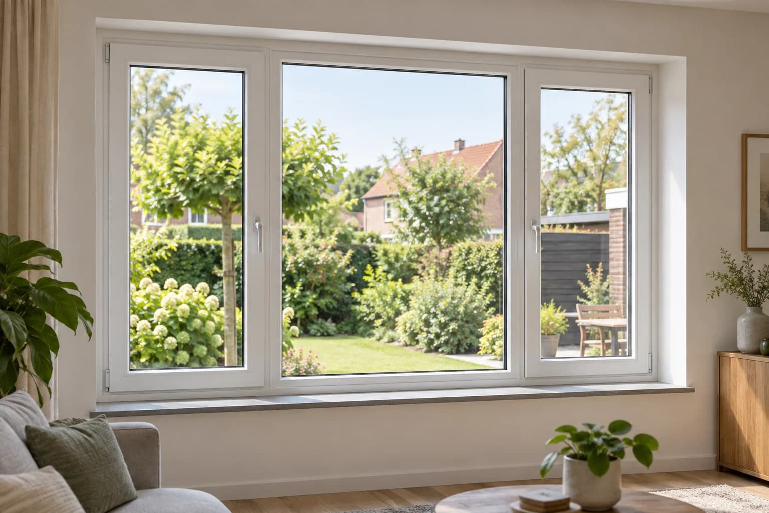 Sfeerbeeld van witte kunststof kozijnen met uitzicht op een tuin