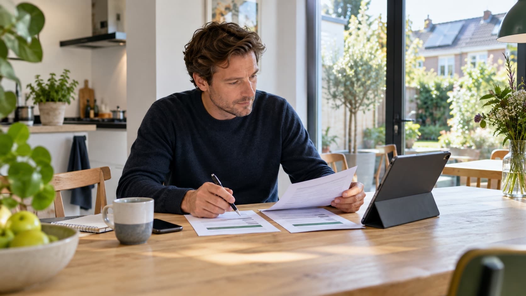 Een woningeigenaar vergelijkt offertes aan de keukentafel