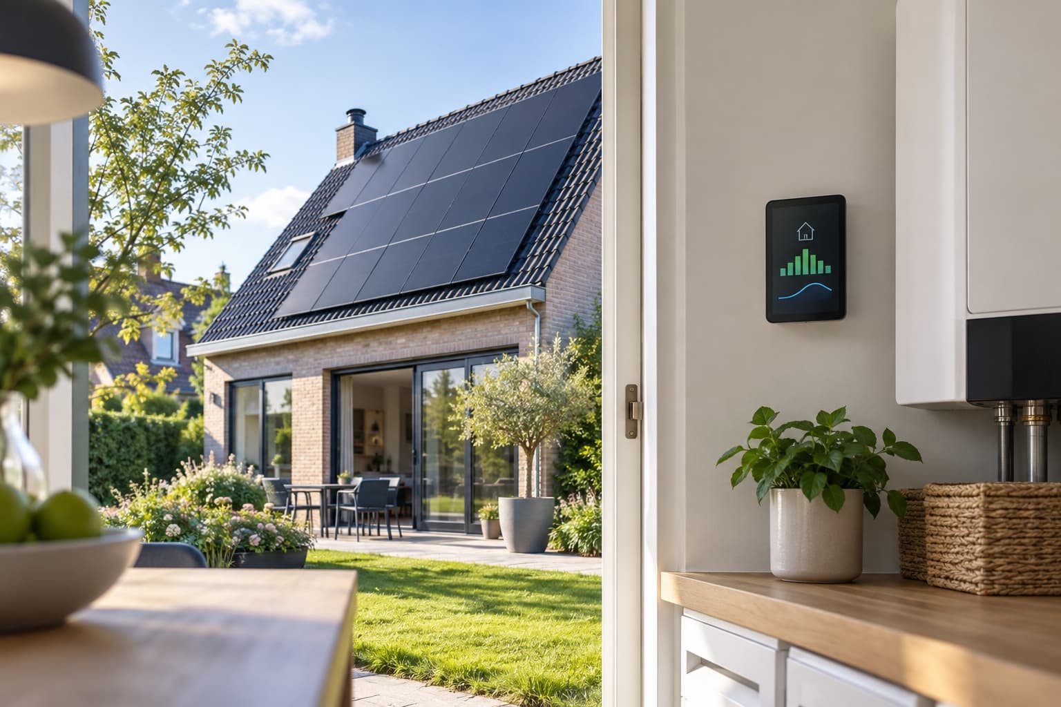 Zonnepanelen op een Nederlandse woning met slimme energiemonitor
